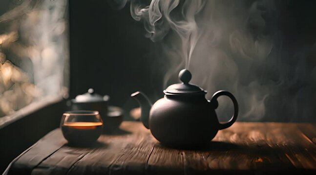 Elegant Black Teapot with Steaming Teacup