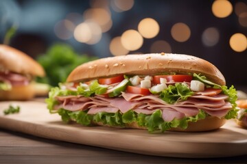 'ham salad submarine sandwich bread baguette cheese big cold delicious dinner eat fast food fresh green healthy long lunch meal meat slice sliced snack studio tomatoes white bun catering crusty deli'