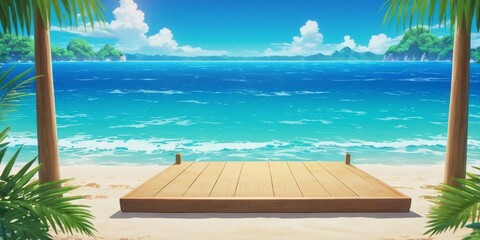 Wooden podium on the background of a tropical beach and ocean.
