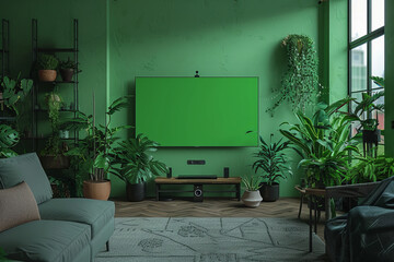 cozy living room, on the wall a flat screen tv with green screen, minimalistic editorial aesthetic,generative ai