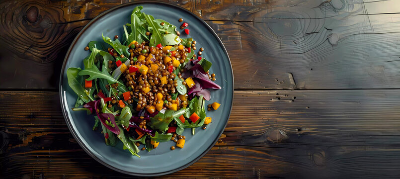 Vegetarian green salad with lentils on table for detox diet. Generative ai design concept.
