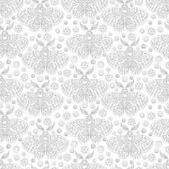 Seamless pattern with dark contour moths and flowers, on a dark background