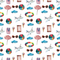 A pattern with items for a sea vacation,glasses,a ball,ice cream,a beach bag,slates,an inflatable circle. Watercolor seamless pattern highlighted on a white background	