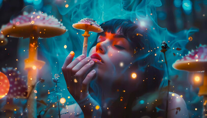 Woman high on magical psychedelic mushroom in forest. Generative ai design concept art. - obrazy, fototapety, plakaty