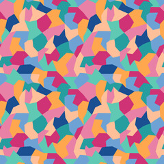 Multicolored bright geometric camouflage vector seamless pattern. Collection of polygon-shaped fragments designed as a surface art texture that may be printed or used in graphic design. - obrazy, fototapety, plakaty