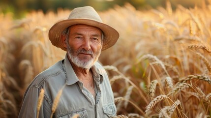 A portrait of a farmer standing amidst tall golden stalks of wheat ready to be harvested signaling the middle stage of the life cycle of the farm. . - obrazy, fototapety, plakaty
