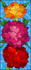 Stained glass illustration with a bouquet of bright asters  on a blue background