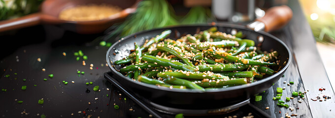 Green beans and sesame in a frying pan. Generative ai design art concept. - obrazy, fototapety, plakaty
