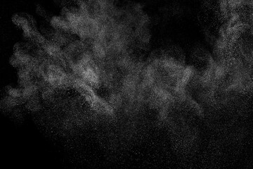 White texture on black background. Dark textured pattern. Abstract dust overlay. Light powder explosion.