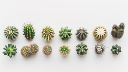 A variety of cacti arranged in a row on a white background, showcasing different shapes and sizes. - obrazy, fototapety, plakaty