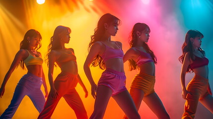 Silhouettes of friends dancing together at a party, singer group contest, concert girl group k-pop