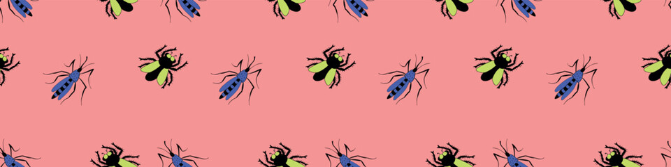 Vector seamless pattern of flies, mosquitoes. Annoying unpleasant insects harmful to humans. Bright background and texture for pest control - obrazy, fototapety, plakaty