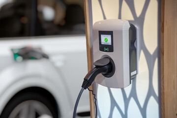 Electric car (EV) is charging in socket with cable.