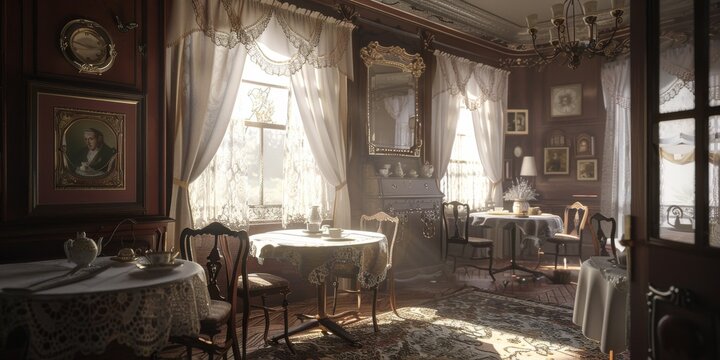 Victorian TearoomLace Curtains and Delicate Decor - Vintage Interior Design Photo