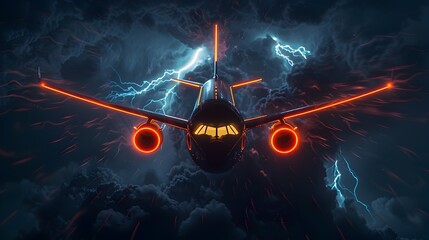 Futuristic Jet Airplane Speeding Through Dramatic Stormy Sky with Vibrant Neon Stripes and Lightning Strikes