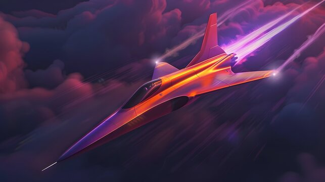 Neon Hued Supersonic Aircraft Breaking the Sound Barrier Over Dramatic Clouds