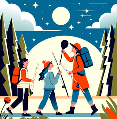 Night Hiking Adventure Vector Illustration