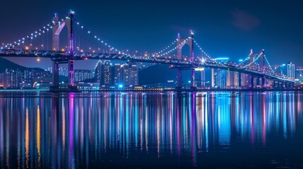With the city asleep below, Gwangan Bridge remains awake, its lights casting a mesmerizing reflection upon the waters of Busan, South Korea, creating a scene of unparalleled wonder and beauty.