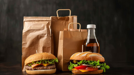 Takeout Fast Food Burgers with Brown Paper Bags and Soft Drink on Dark Background