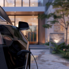 A Close-up of a charging cable connected to an electric vehicle, against the background of the courtyard of a beautiful modern house. 