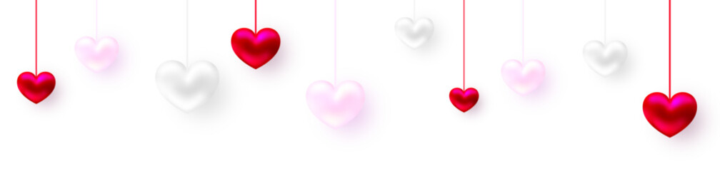 Hanging hearts border. Pink, white and red hearts banner - 792524912