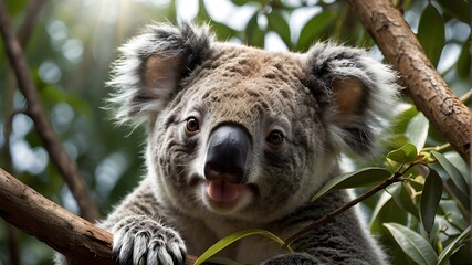 Photorealistic Images prompt structure:"A mischievous koala bear hanging upside down from a tree branch, Realistic Photograph, Realistic Art Style, Natural Wildlife Photography, Camera: DSLR, Lens: 13
