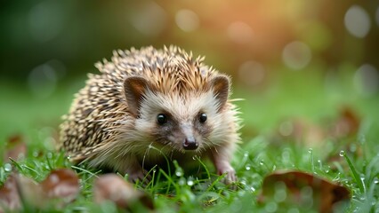 Hedgehog foraging for food in a dewy grassy field. Concept Wildlife, Hedgehog, Foraging, Nature, Field