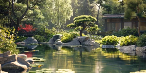 Wandaufkleber A Japanese garden with a tranquil pond and bonsai trees. realistic, uhd, 4k, hyperrealistic --ar 2:1 Job ID: 37dd5a52-e0d0-480e-98f2-0d14c58a6948 © Bendix