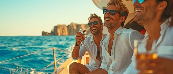 A group of pals enjoying themselves while floating the sea in a luxurious yacht, sipping cocktails and having a good time.