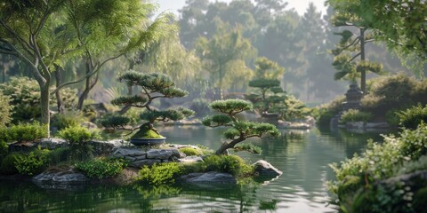 Tranquil Japanese GardenBonsai Trees and Reflecting Pond - Serene Nature Landscape