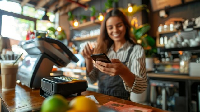 A woman is smiling and looking at her cell phone while standing behind a counter