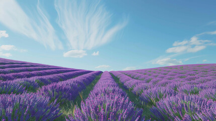 A sprawling lavender field under a blue sky with fluffy clouds, the rows of purple flowers creating a vibrant tapestry that stretches to the horizon.