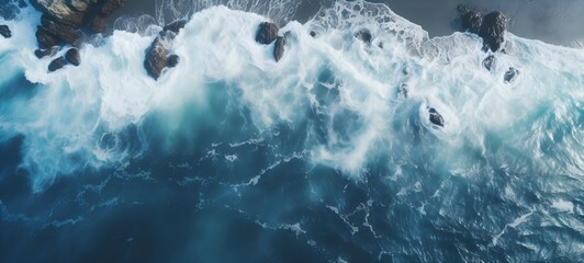 An aerial view of the ocean with rocks in the foreground, a microscopic photo, trending on unsplash, naturalism, uhd image, behance hd, quantum wavetracing