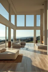 A modern living room with a large glass window looking out onto the ocean. The room is furnished with a few large, comfortable sofas and chairs, and a coffee table. The floor is made of light wood, an