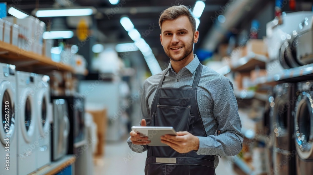 Poster a man wearing an apron stands in a store with a tablet in his hand