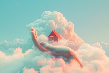 A pink house sitting on a giant hand in the clouds. - obrazy, fototapety, plakaty