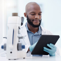 Black man, scientist and tablet in laboratory for research, innovation or healthcare with gloves for hygiene. Male person, studying or planning in lab for medical diagnosis, test or experiment - obrazy, fototapety, plakaty