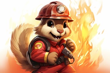 cartoon illustration, a firefighter squirrel