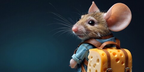 Cute little mouse with cheese and backpack on dark background, closeup.