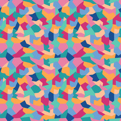 Kaleidoscopic vibrant geometric camouflage seamless pattern. Collection of polygon-shaped fragments designed as a surface art texture that may be printed or used in graphic design.