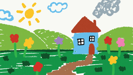 Kids drawing vector illustration of a cute landscape nature, kindergarten cute fun hand drawn doodles playful drawings	