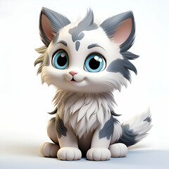 Fototapeta premium Cute cartoon cat sitting on white background. 3D rendering.