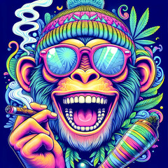 Digital art of a psychedelic cool monkey with sunglasses smoking a blunt