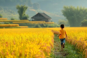 A little boy running in the morning in the middle of yellow rice fields