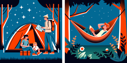 Family Camping and Hammock Leisure Art