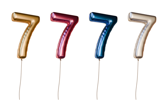Number seven shaped foil balloons in different colors. Isolated on transparent background.