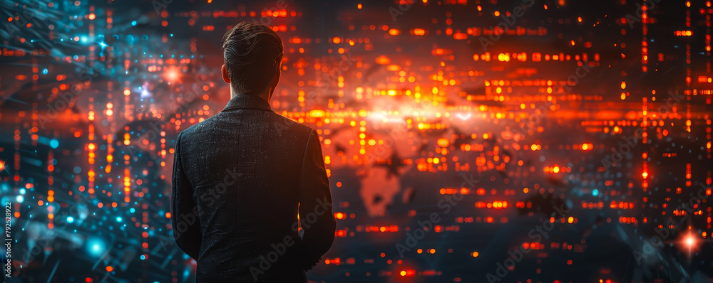 Poster cyber security professional verifying digital identity credentials on virtual screen with data prote