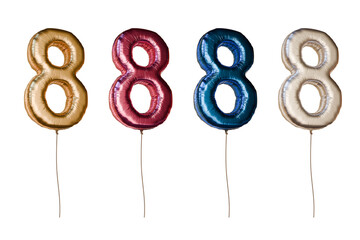 Number eight shaped foil balloons in different colors. Isolated on transparent background.