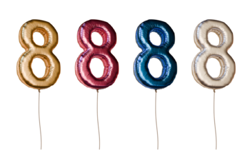 Number eight shaped foil balloons in different colors. Isolated on transparent background.