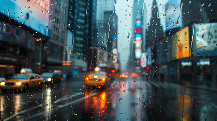  Drenched City Streets, Evening Traffic Lights, Wet Urban Landscape with Copy Space